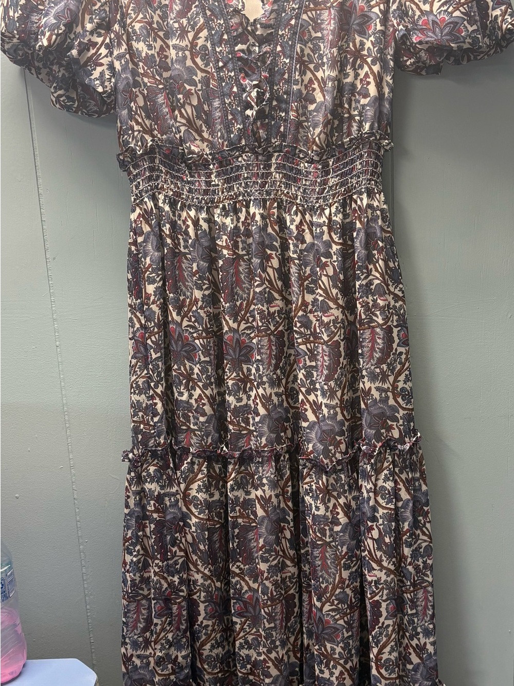 Max Studio Floral Tiered Maxi Dress in Cream and Navy